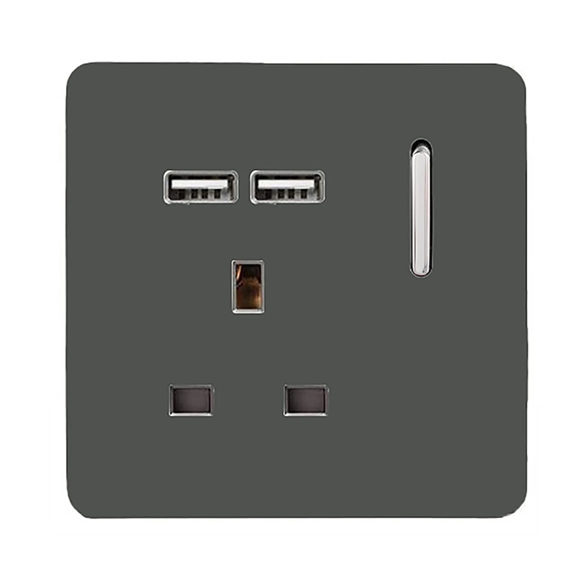 1 Gang 13Amp Switched Single Socket With 2 x USB Charcoal